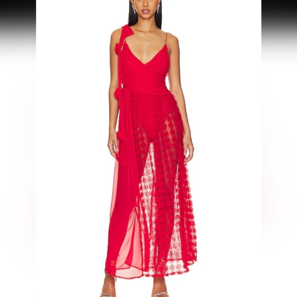 For Love And Lemons Hannah Red Rosette Sheer Maxi Dress NWT Size Small